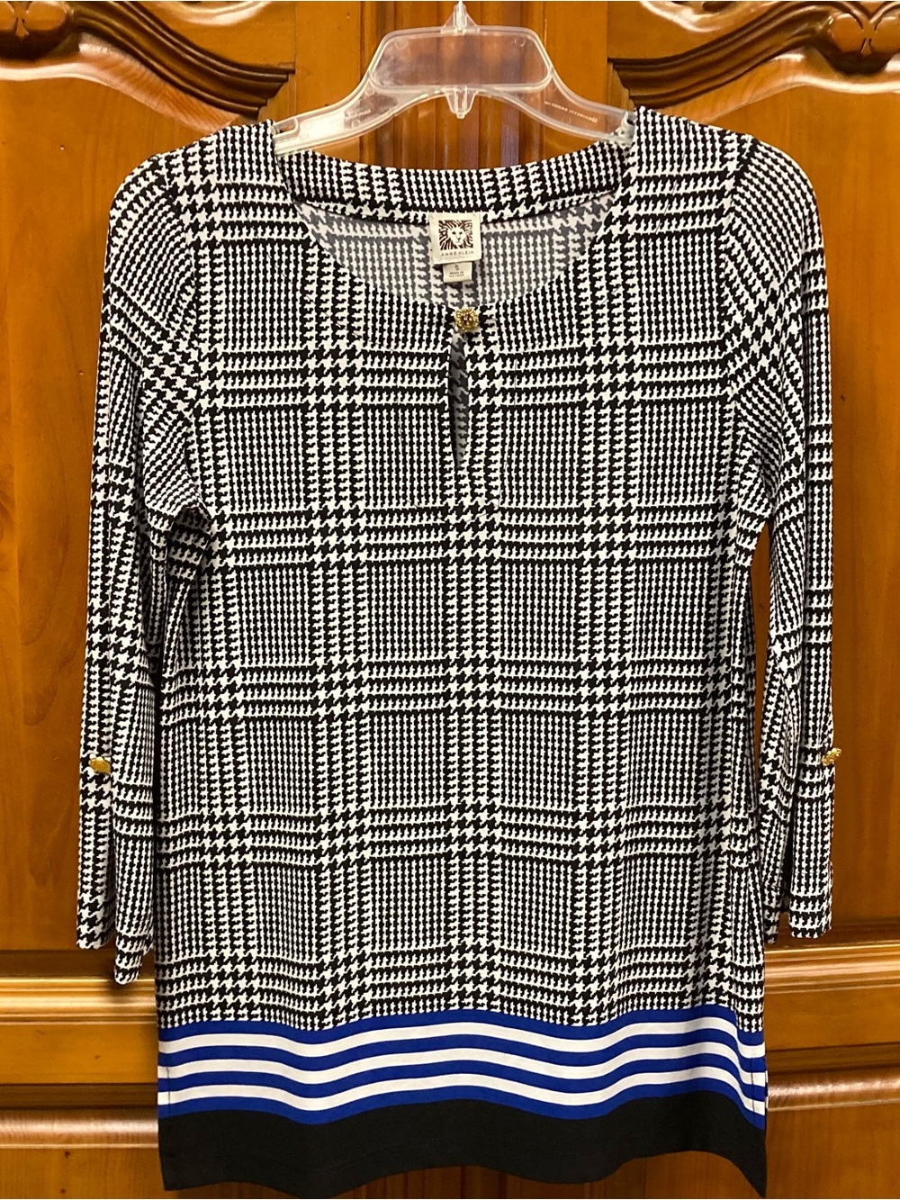 Anne Klein Black White Houndstooth Plaid Top Blue Border 3/4 Sleeve Size S